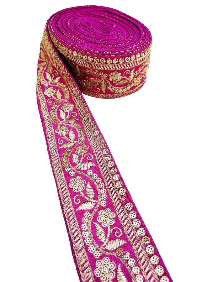 FRIJVEN Embroidery Gold Work with Sequence Design Lace Border Falls for Saree, Kurti, Dresses, Bandhani, Lehenga, Decorative Ribbon (6.5 cm Width) (9 Meter, Pink) - Image 1